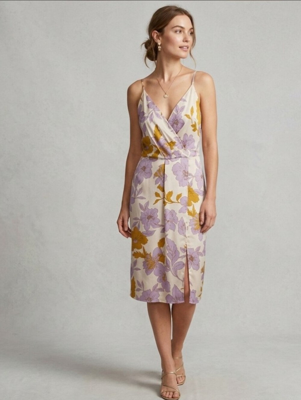 Monteau Los Angeles Floral Midi Dress Size XS Purple Yellow Satin Feel Slip